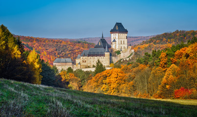 Karlstejn gothic castle near Prague, the most famous castle in Czech Republic, autumn season