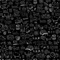 Black pattern Back to Schook. Concept of education. School background with hand drawn school supplies and comic speech bubble with Back to School lettering on blackboard.