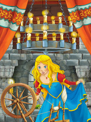 cartoon scene with princess in medieval castle room - illustration for children 