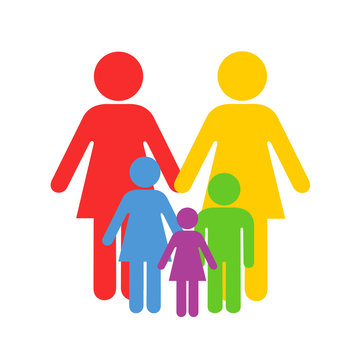LGBT and homosoexual parenting - two same-sex lesbian women as mothers of adopted chidlren. Partners and kids as altenative family. Vector illustration