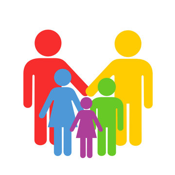LGBT and homosoexual parenting - two same-sex gays as fathers of adopted chidlren. Partners and kids as altenative family. Vector illustration
