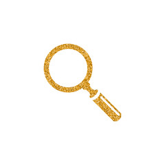 Magnifier icon in gold glitter texture. Sparkle luxury style vector illustration.