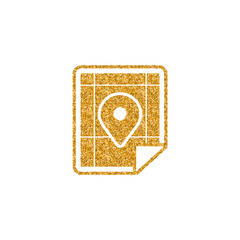 Map icon in gold glitter texture. Sparkle luxury style vector illustration.