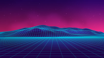 Abstract futuristic landscape 1980s style. Vector illustration 80s party background . 80s Retro Sci-Fi background.