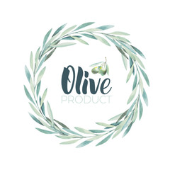 Fototapeta na wymiar Watercolor olive wreath. Sketch of olive branch on white background. Olive oil lettering by brushpen.