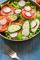 Healthy vegetarian salad of fresh tomatoes, cucumbers, onions, lettuce and radishes with olive oil in a plate - close-up