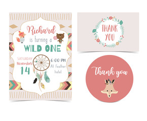 pink hand drawn cute card with feather,wreath,fox and wild.Thank you