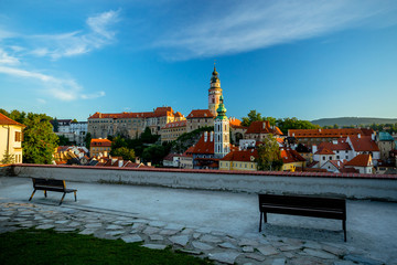 Romantic View of the Castle and Old Center in Cesky Krumlov with Two Benches