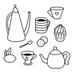 Tea Time set of tea pots, coffee cups, cakes, muffins, snacks and desserts. Coloring book for adults and children. Vector illustration. Isolated design elements.