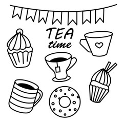 Tea time set. Vector illustration. The best for design, textiles, posters, web, coloring book