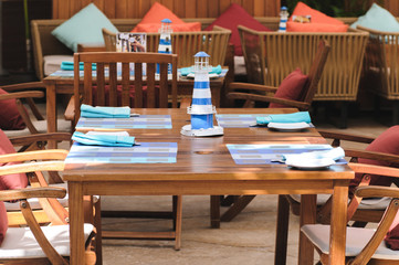 wooden table in a summer cafe
