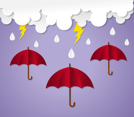 Rainy season. umbrella with raining. paper art vector illustration.