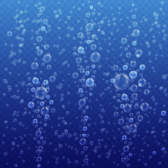Underwater bubbles on blue transparent background. Realistic fizzing air bubbles. Effervescent drink. Vector illustration