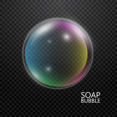 Glass color bubble isolated on transparent background. 3d soap bubble with rainbow reflection. Vector illustration