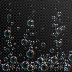 Realistic soap bubbles with rainbow reflection on transparent background. Soap foam, shampoo bubbles in bath or shower. 3d bubble. Vector illustration