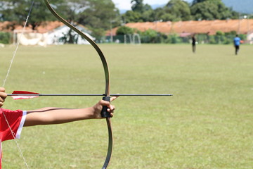 Archery target ring and out of focus archer with a bow in the foreground during an archery competition. Green background.