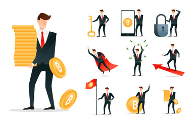 Fototapeta premium Set of Businessman With Bitcoin and Money Character Isolated on White Background. Cartoon Style Vector Design Illustration.