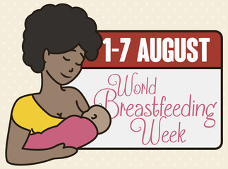 Young Brunette Mom Feeding her Baby during World Breastfeeding Week, Vector Illustration