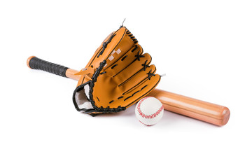 Baseball bat, ball and glove isolated over white