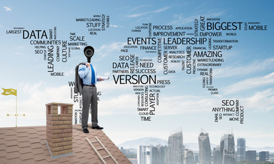 Concept of home security and privacy protection with camera headed man