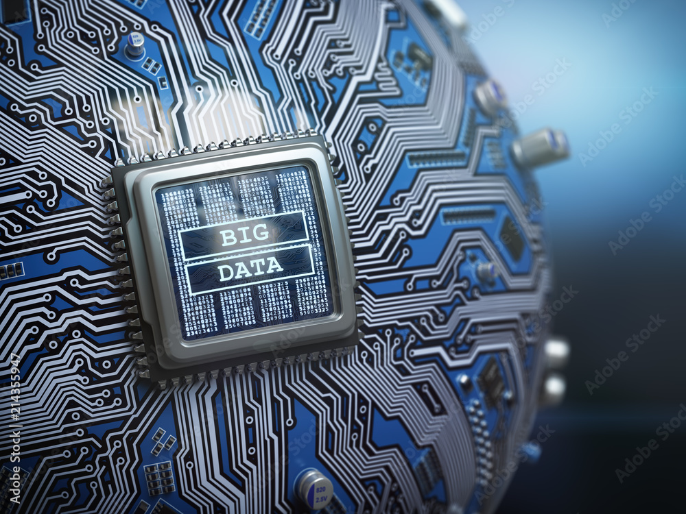 Poster Big data concept. CPU processor with text big data on the spherical futuristic motherboard.