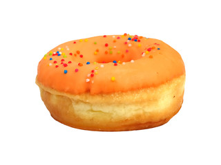 Sweet Doughnut with orange glaze and colorful sprinkles isolated on white background.