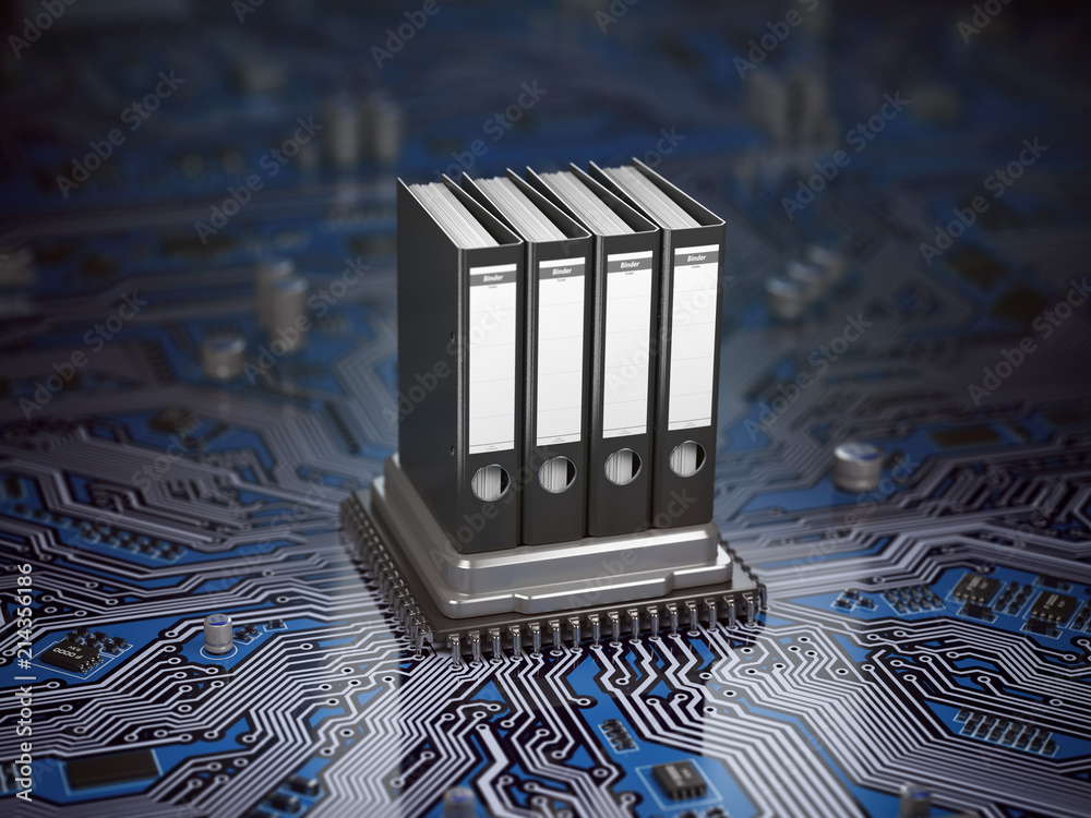 Poster Database  archive data storage concept. Binders on CPU processor and motherboard