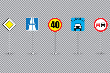 Realistic set of road signs isolated on transparent background. Vector illustration.