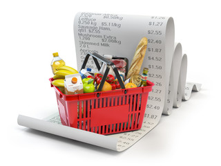 Grocery expenses budget  and consumerism concept. Shopping basket with foods on the receipt isolated on white.