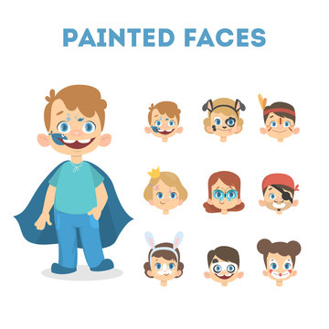 Set of happy children portraits with painted faces