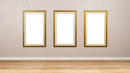 Triptych of Golden Empty Picture Frame at the Wall