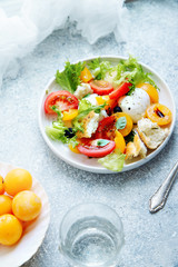 Original panzanella salad with mozarella, toasted baguette, tomatoes and plums on rustic background. Summer cuisine concept