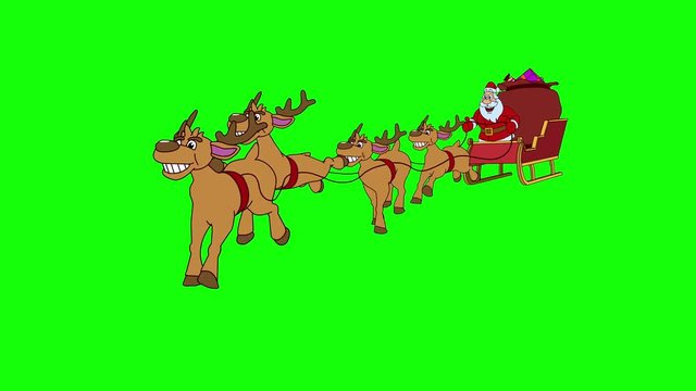 Santa Claus is quickly galloped with reindeer on Christmas sleigh. Hand drawn animation on green background