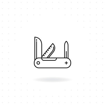 Pocket knife icon, Black thin line Army knife icon with shadow, Vector illustration of a Swiss knife for camping and outdoor activities
