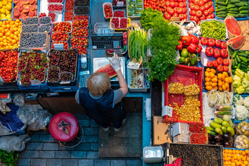 Top view of fruit and vegetable kiosk in Balti Jaama Turg market, Tallinn, Estonia