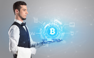 Waiter serving on a tray cryptocurrency and mining concept
