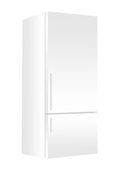 White refrigerator with freezer on white background. Modern 3d fridge with door. Home kitchen electrical appliance.