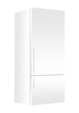 White refrigerator with freezer on white background. Modern 3d fridge with door. Home kitchen electrical appliance.