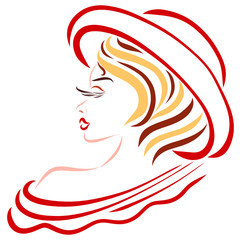 Elegant young woman in a summer hat and a dress with an open shoulder