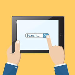 Tablet in the hands and search on tablet screen, stock vector illustration