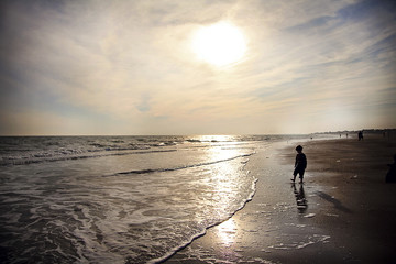 Fototapeta premium Silhouette of Child at Beach at Sunset