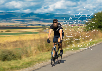 Fashion person riding bicycle in the nature with doodle concept