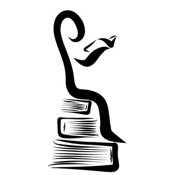 Man with a book in his hands, sitting on books, creative, logo