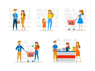 Set of people in supermarket