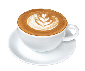 Hot coffee cappuccino latte art isolated on white background, clipping path included