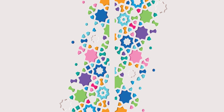 Arabic arabesque design greeting card for Ramadan Kareem. Islamic ornamental colorful mosaic.Vector illustration.