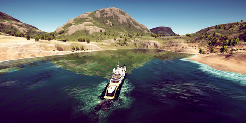 Naklejka premium Extremely detailed and realistc high resolution 3D illustration of a luxury Super Yacht at a tropcial Island