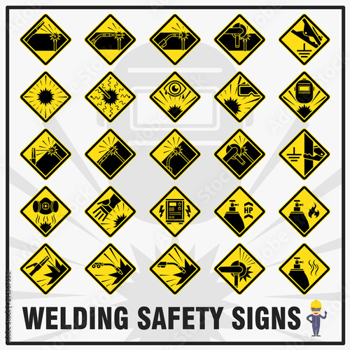 "Set of safety signs and symbols for welding works. Safety signs use to