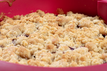 Nahaufnahme eines Streuselkuchens mit Pflaumen in einer Silikonbackform