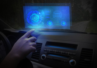 Futuristic car cockpit and touch screen. Autonomous car. Driverless vehicle. HUD(Head up display). GUI(Graphical User Interface). IoT(Internet of Things).